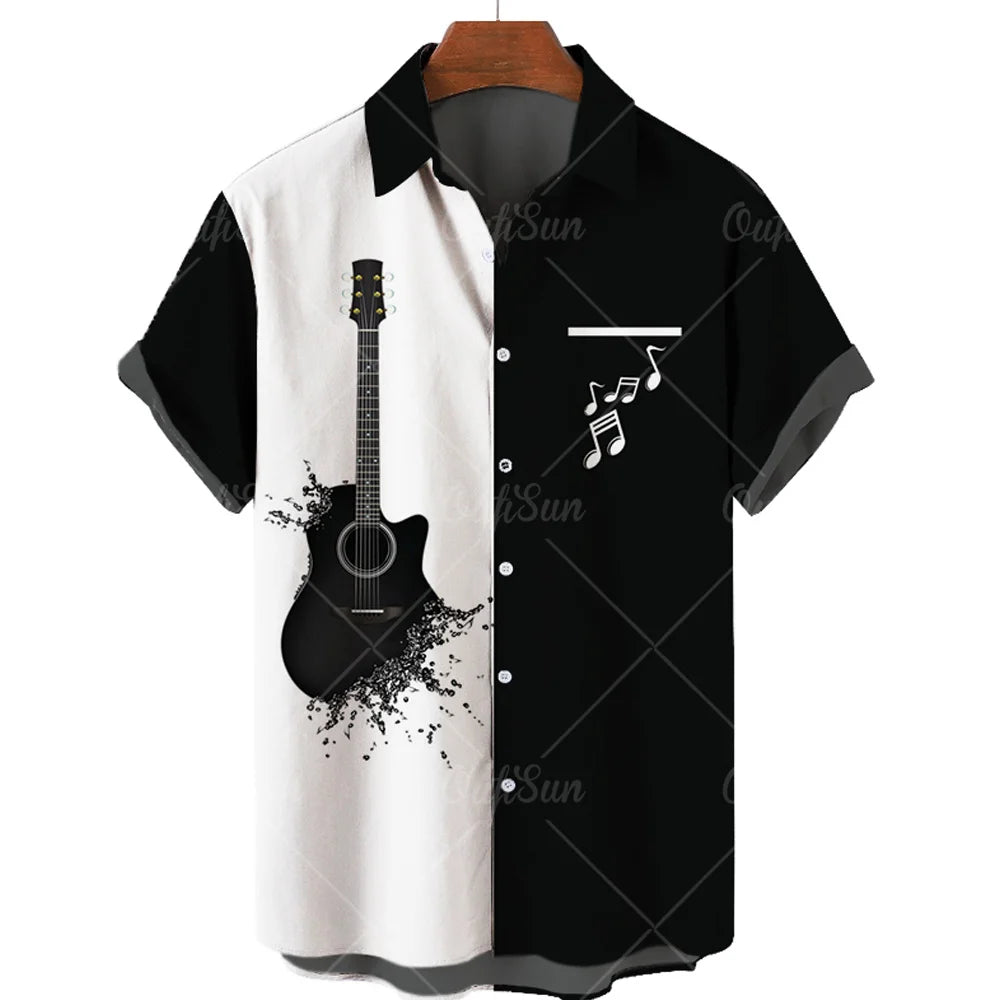 Hawaiian Shirt With Musical Guitar Print For Men, Party Short Sleeve Beach, Hip Hop, Harajuku, Large Size Top