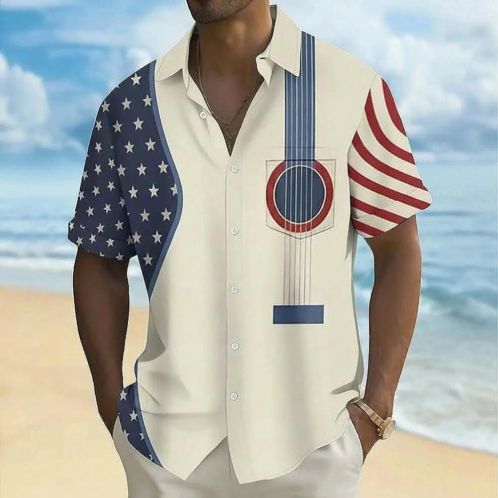 Men's Guitar Musical Notes Shirt Button Up Shirt Short Sleeve Fashion Casual Daily Music Festival Summer Shirts Front One Pocket