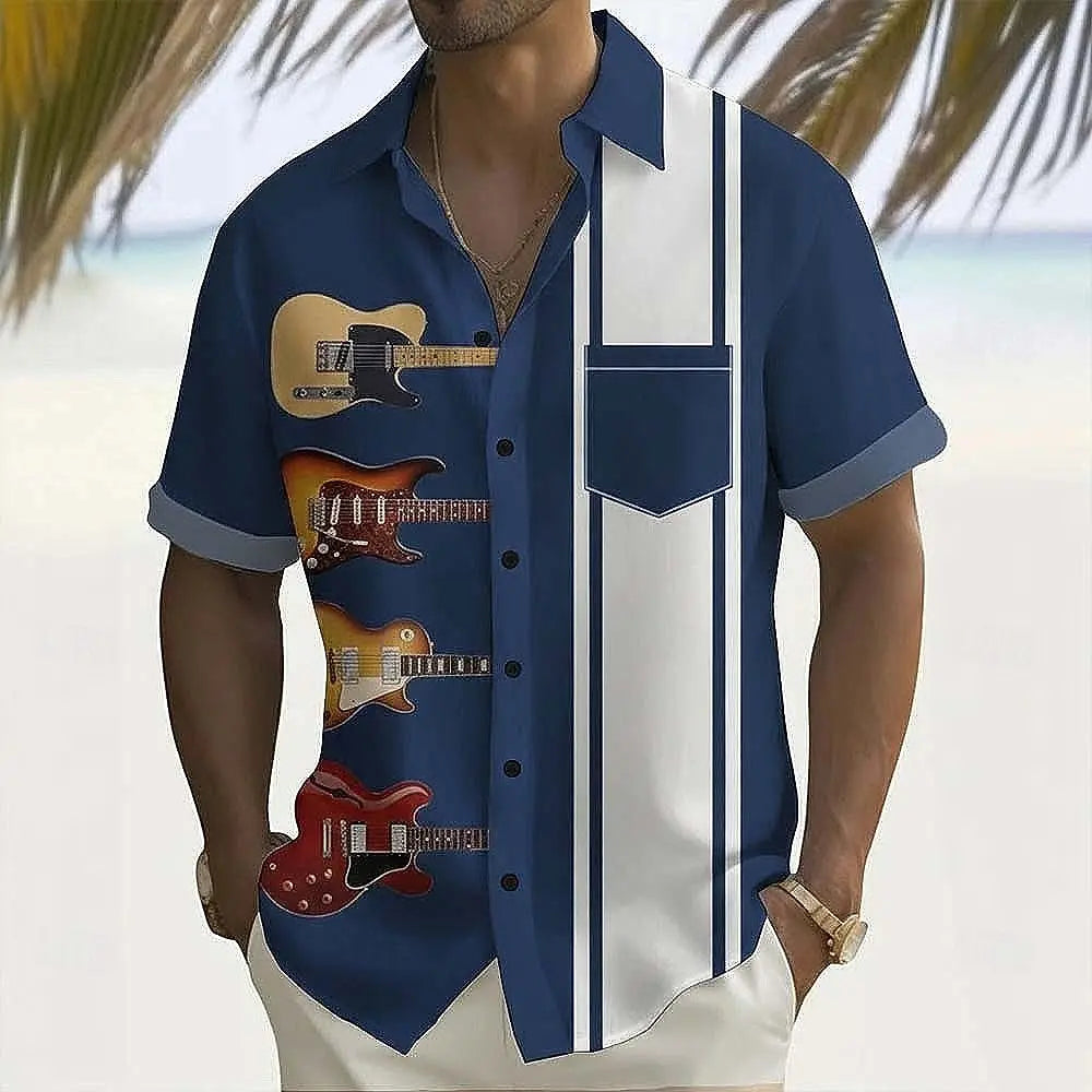 Men's Guitar Musical Notes Shirt Button Up Shirt Short Sleeve Fashion Casual Daily Music Festival Summer Shirts Front One Pocket
