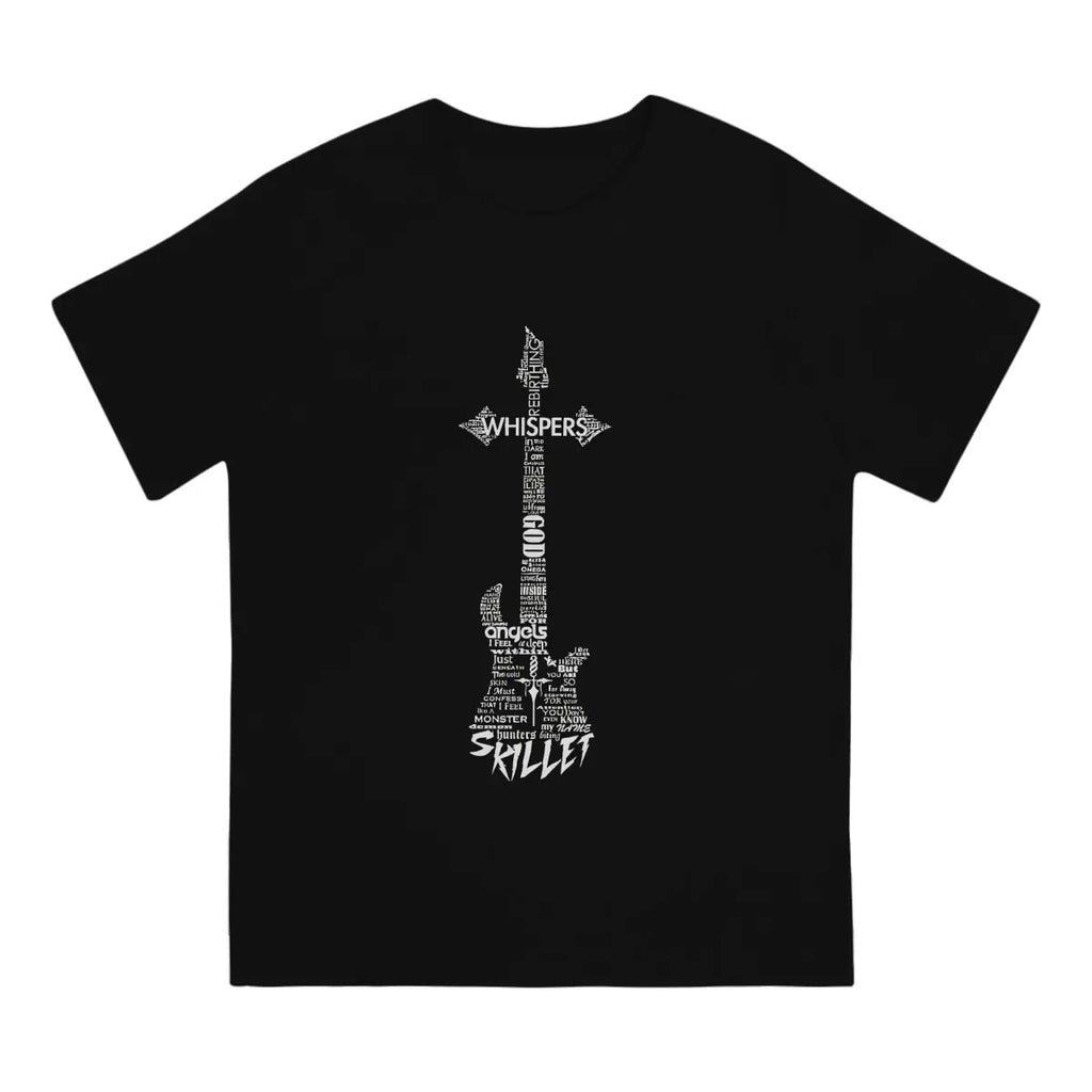 Guitar Typography On Black T-Shirt Men Skillet Band Awesome Pure Cotton Tee Shirt O Neck Short Sleeve T Shirts Summer Clothing