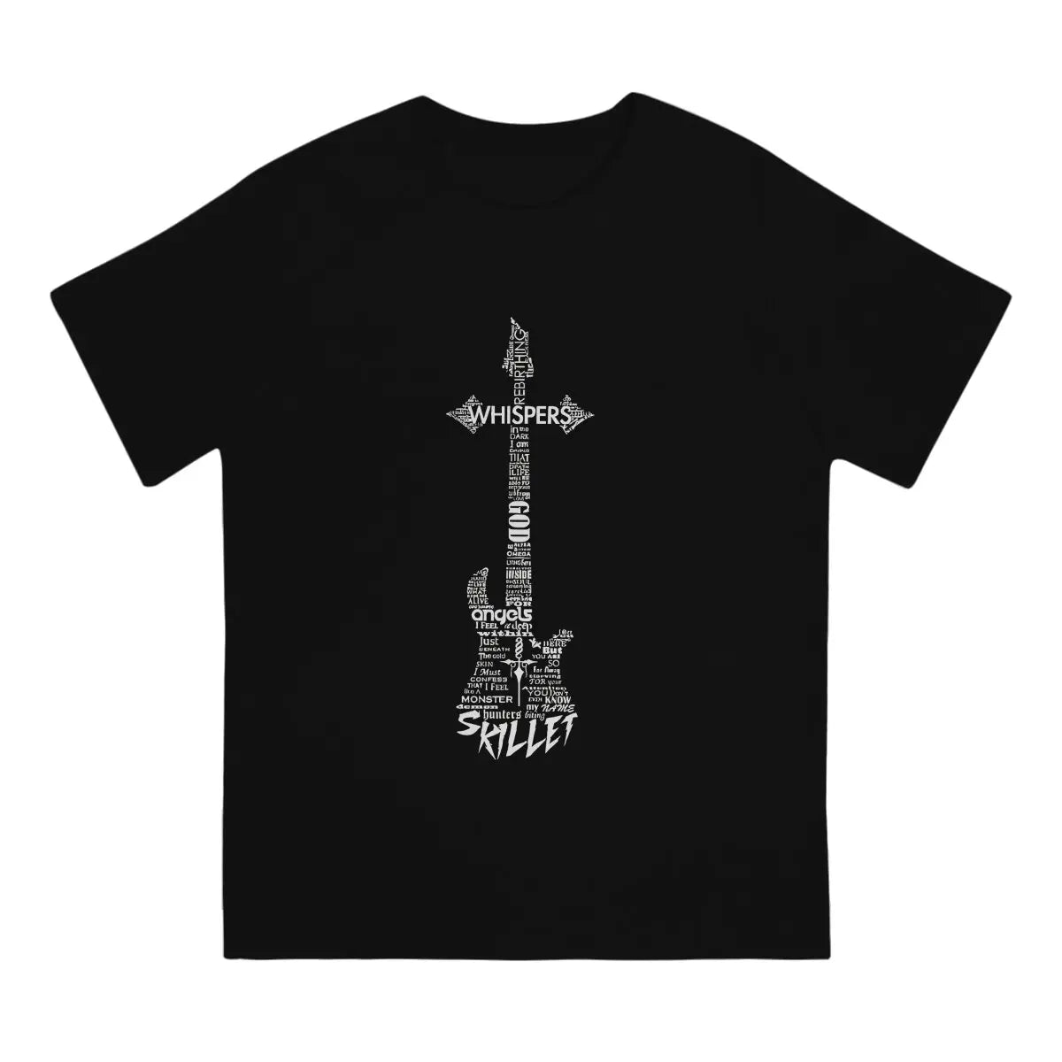 Guitar Typography On Black T-Shirt Men Skillet Band Awesome Pure Cotton Tee Shirt O Neck Short Sleeve T Shirts Summer Clothing