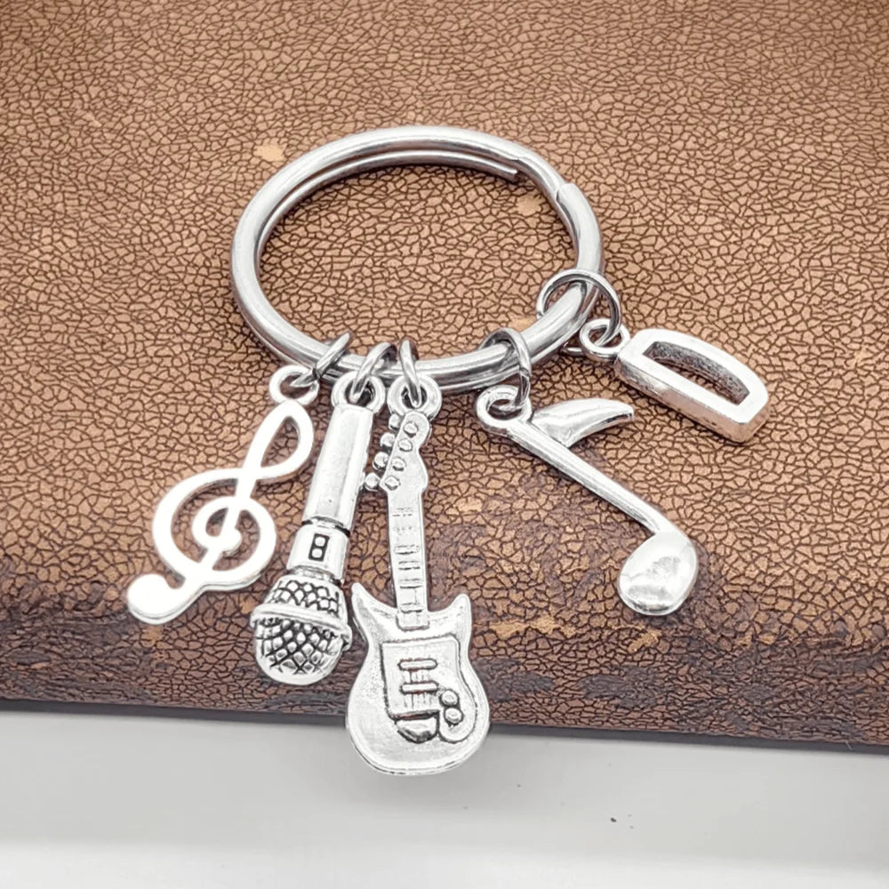 Initial Letter Music Keychain – Guitar & Microphone Rock Charm
