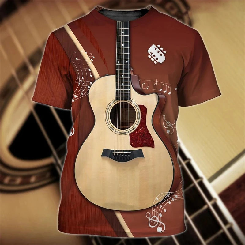 Vintage Guitar 3D Print Tshirt Mens Funny Designer Clothes Summer New Fashion T-shirt Kids Round Neck Short Sleeve Tees Tops