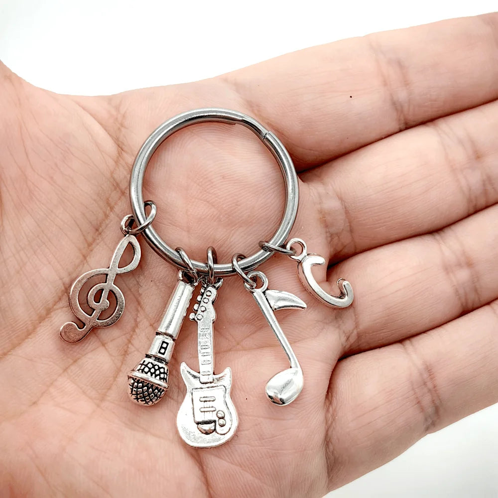 Initial Letter Music Keychain – Guitar & Microphone Rock Charm
