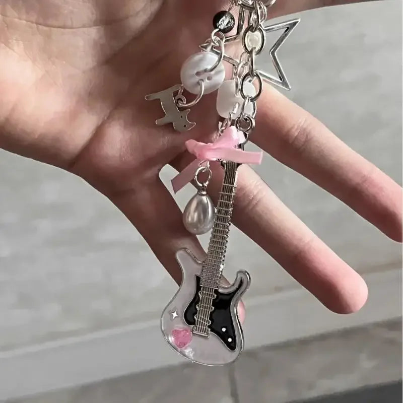 Y2K Guitar Cat Keychain – Punk Pentagram Bow Charm Bag Accessory