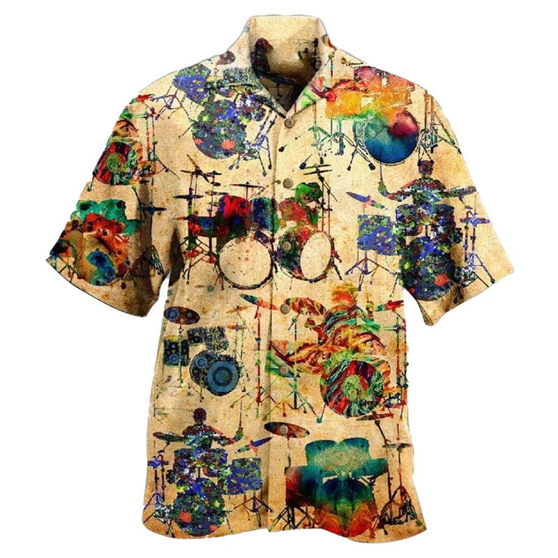 Guitar Music Graphic Hawaiian Shirt For Men Musical Instrument 3D Print Blouse Casual Short Sleeve Lapel Tops Loose Aloha Shirts