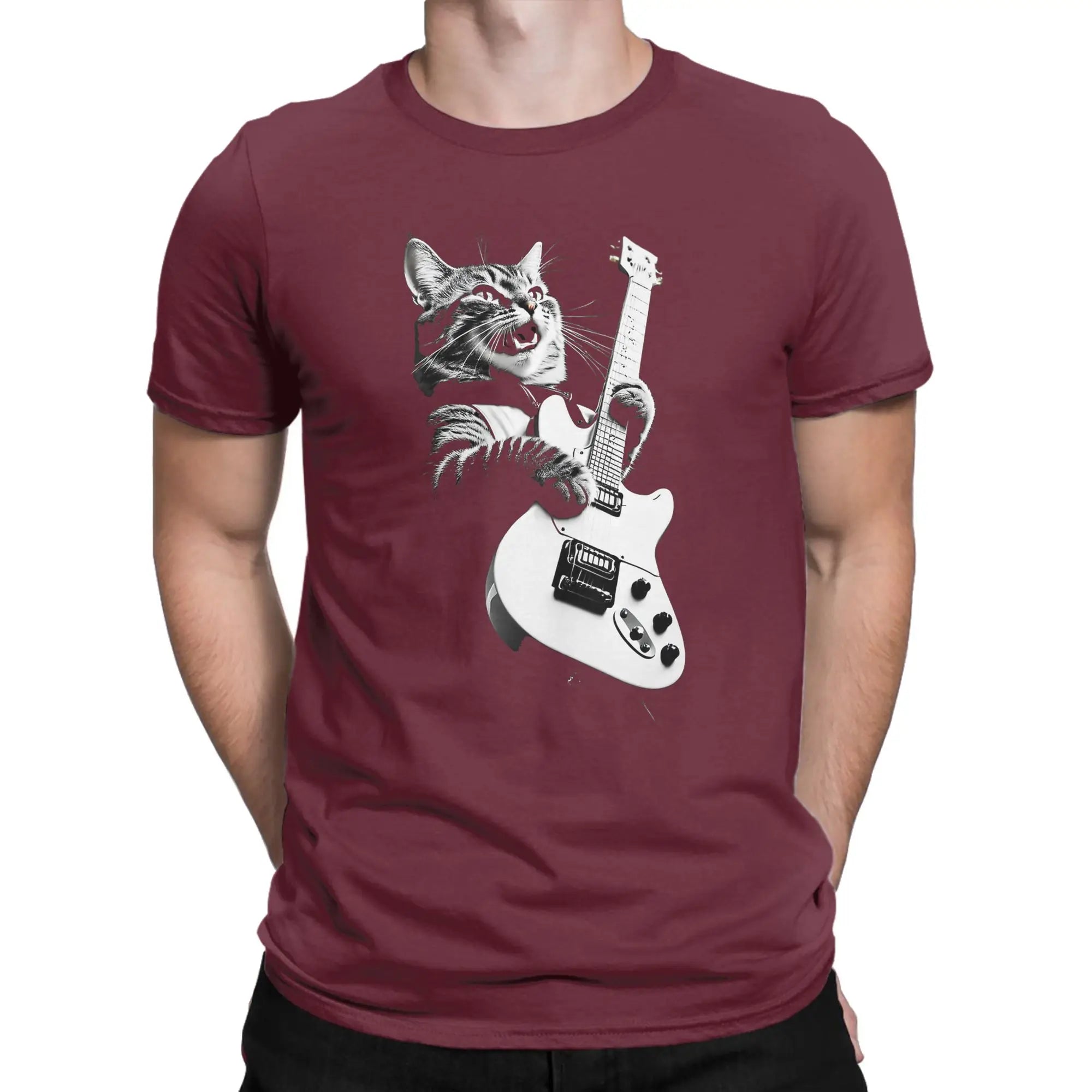 Men T-Shirts Cat Guitar  Leisure 100% Cotton Tee Shirt Short Sleeve  T Shirts Crew Neck Tops Printing