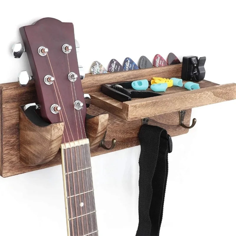 Rustic Guitar Wall Hanger with 3-Hook Shelf — Display Stand for Acoustic, Electric & Bass