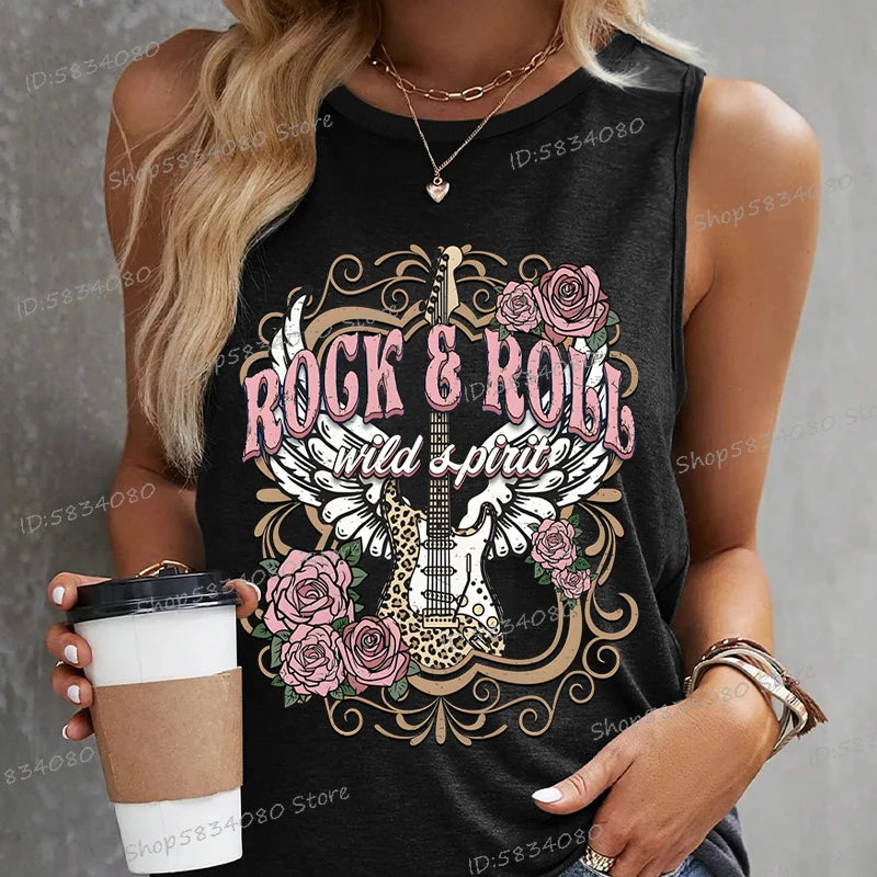 Rock Roll Wild T-shirts Vintage Style Rose Guitar Shirt New Summer Fashion O-Neck Tshirt Music Lover women Sleeveless Tanks Tops