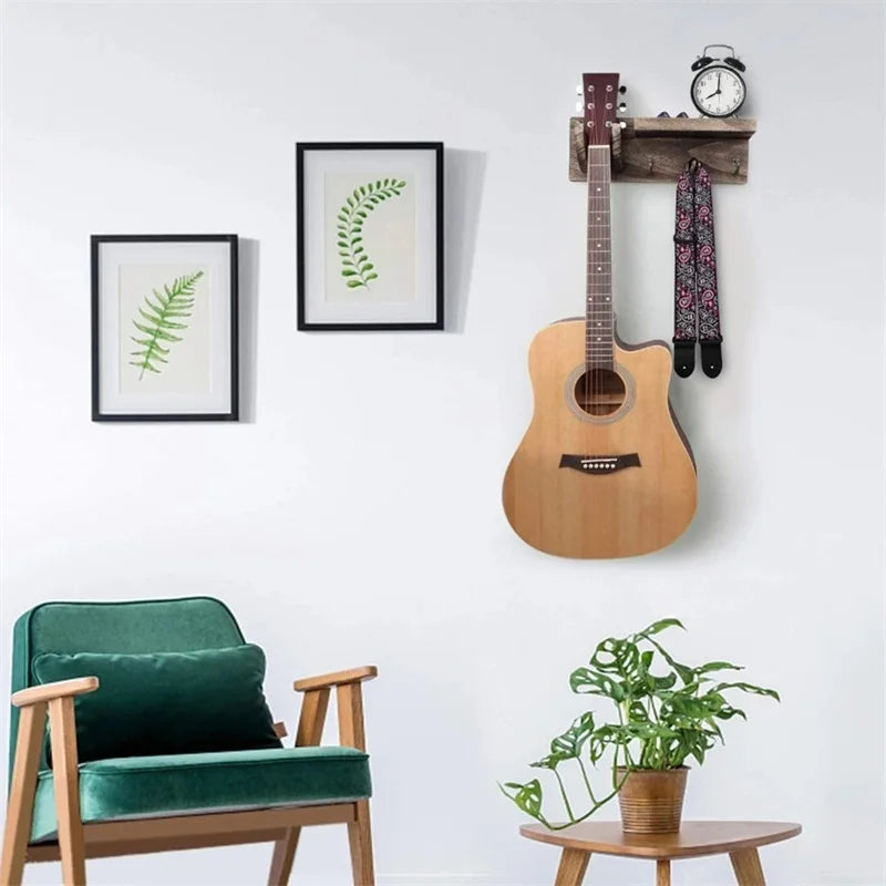 Rustic Guitar Wall Hanger with 3-Hook Shelf — Display Stand for Acoustic, Electric & Bass
