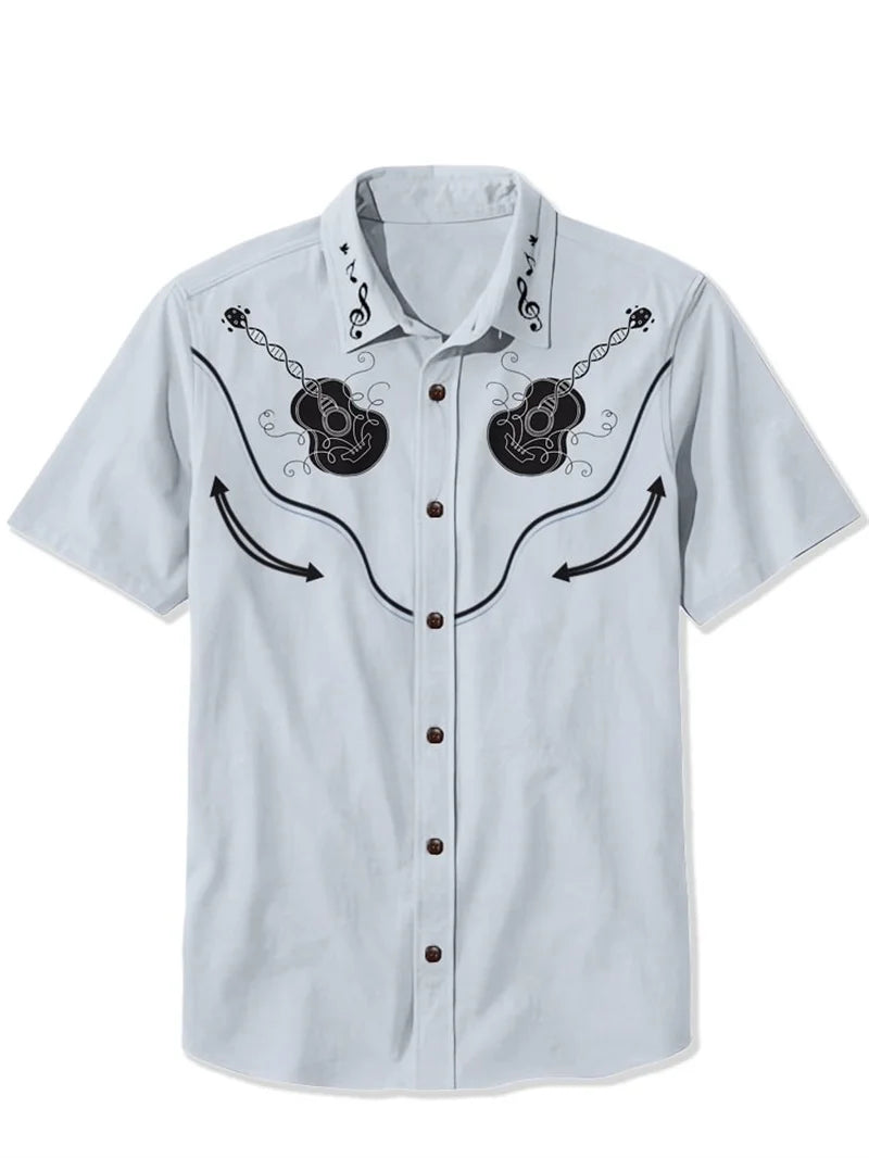 Cowboy Guitar Shirt Punk Face Men Hawaiian Shirt Summer Short Sleeved Button Up Shirt Tropical White Top chemise hommes de luxe