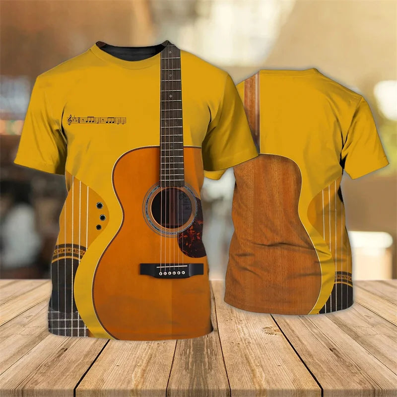 3D Printed Art Guitar T-Shirt For Men Musical Instrument Pattern T Shirts Summer Casual Tees Round Neck Tops Loose Short Sleeves