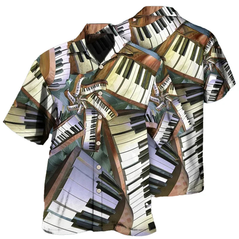 Guitar Music Graphic Hawaiian Shirt For Men Musical Instrument 3D Print Blouse Casual Short Sleeve Lapel Tops Loose Aloha Shirts