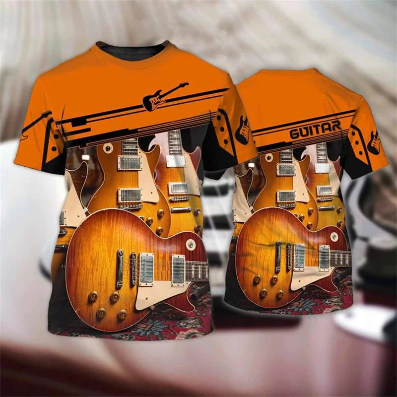Vintage Guitar 3D Print Tshirt Mens Funny Designer Clothes Summer New Fashion T-shirt Kids Round Neck Short Sleeve Tees Tops