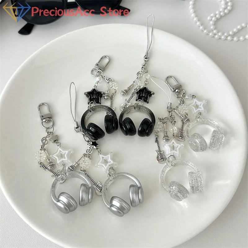 Glitter Earphone-shaped Keychain Cute Star Guitar Microphone Pendant Phone Chain Lanyard Girly Backpack Charms Bag Hanging Gifts