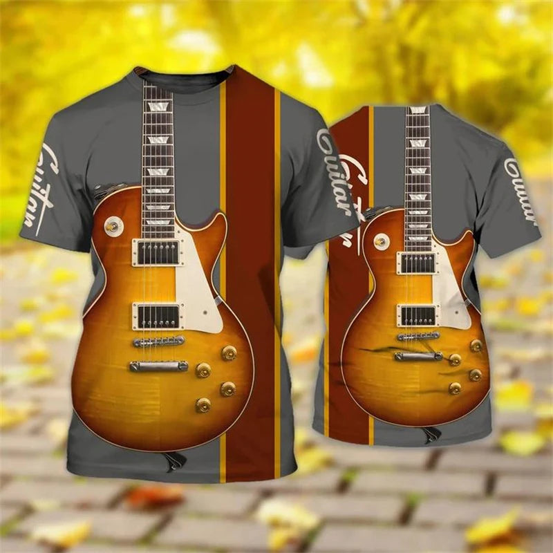 Vintage Guitar 3D Print Tshirt Mens Funny Designer Clothes Summer New Fashion T-shirt Kids Round Neck Short Sleeve Tees Tops