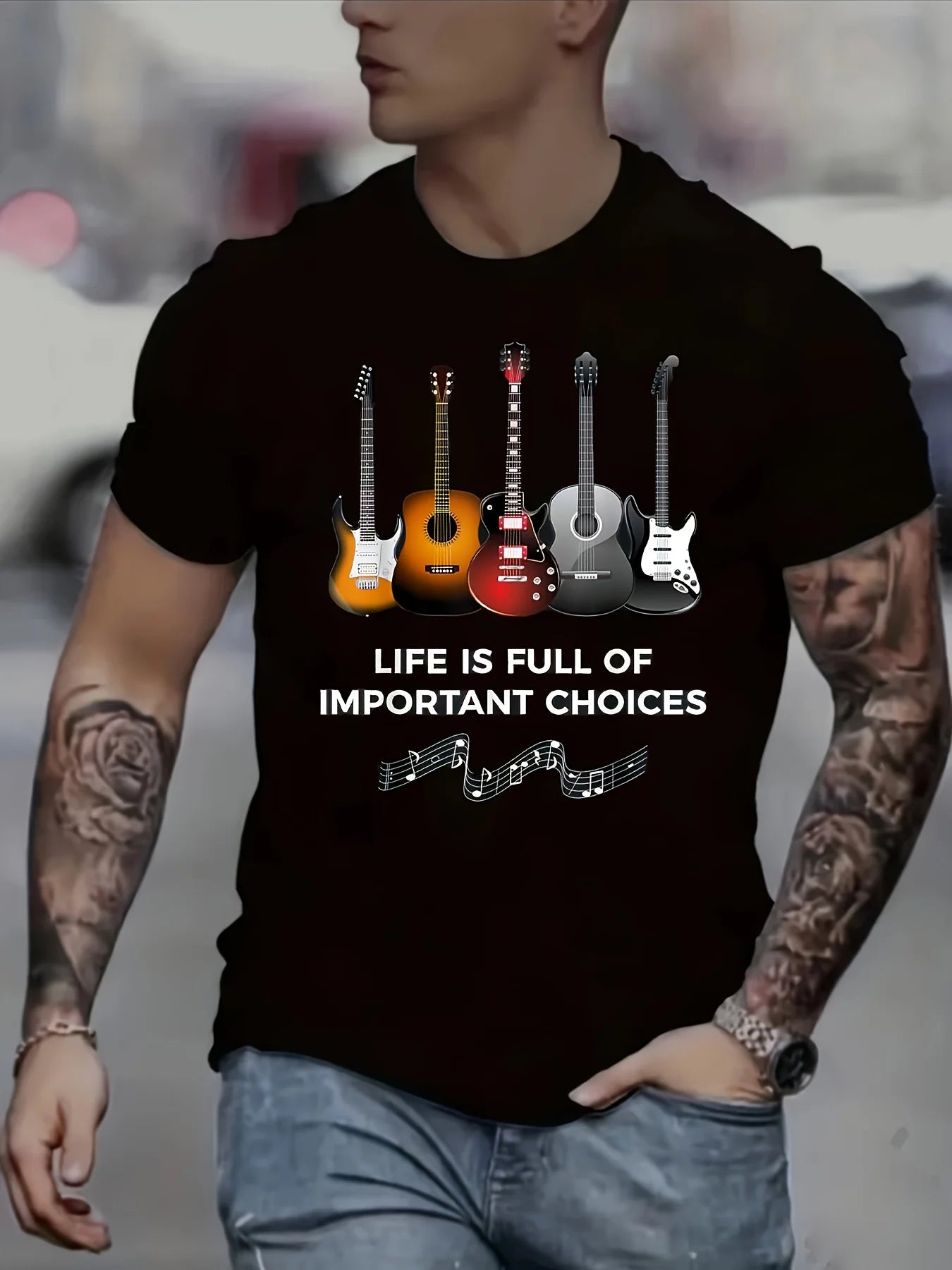 Men's Fashion Printed Guitar and Note Patterns and Letter Printed Round-neck Short-sleeved Casual T-shirt
