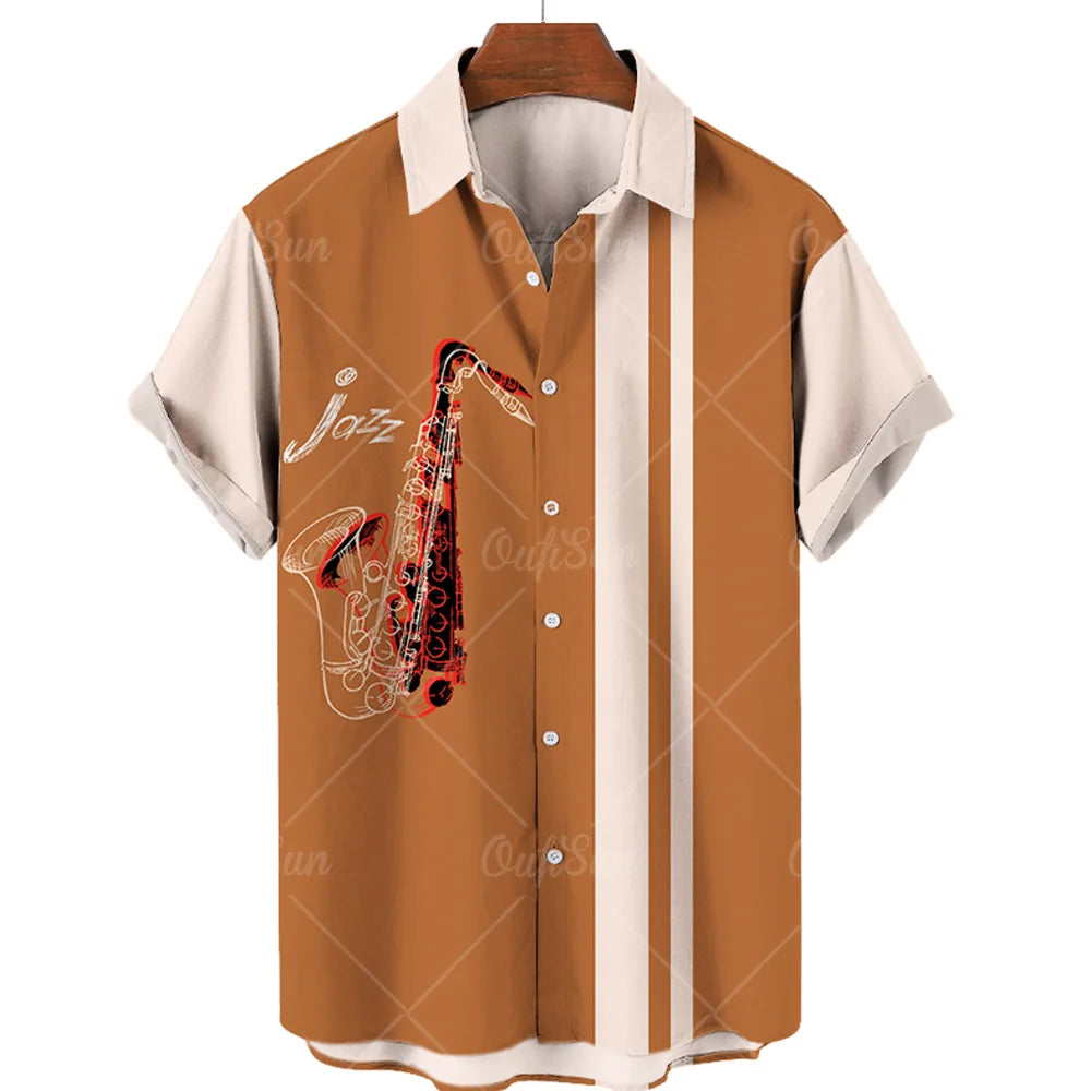 Hawaiian Shirt With Musical Guitar Print For Men, Party Short Sleeve Beach, Hip Hop, Harajuku, Large Size Top