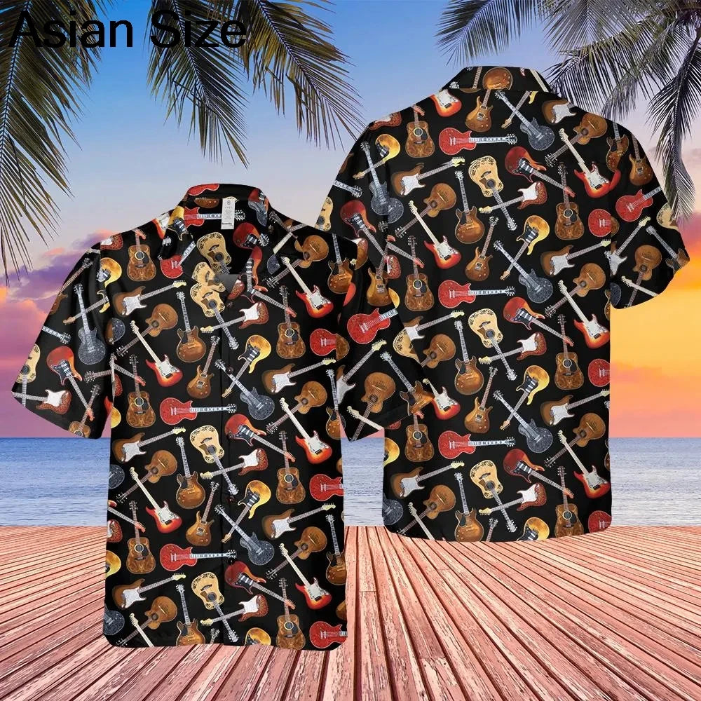 2025 Guitar Hawaiian Shirt Men Women Clothes Retro Electric Rock Animal Funny Musician Aloha Short Sleeve Hip Hop Button Blouses