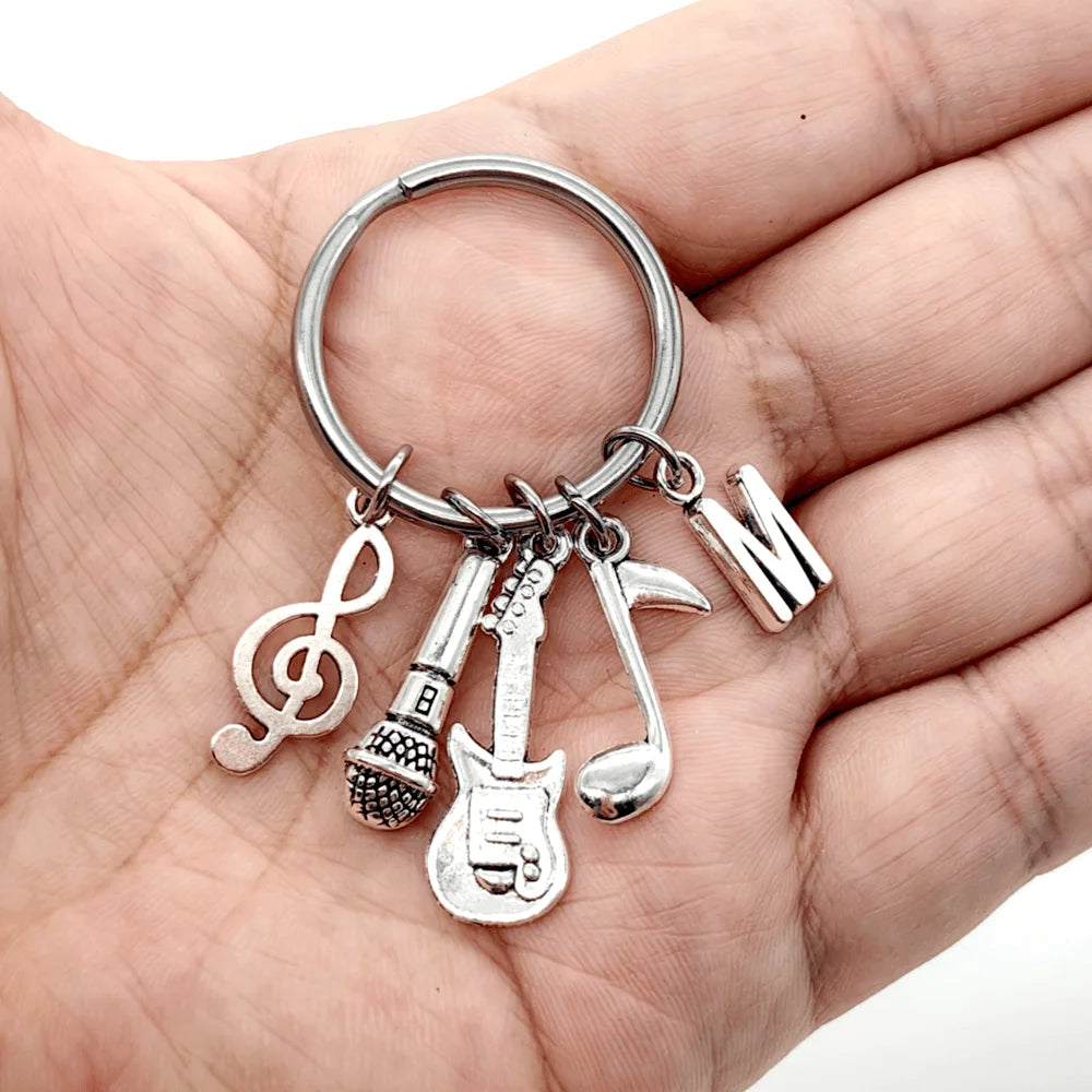 Initial Letter Music Keychain – Guitar & Microphone Rock Charm