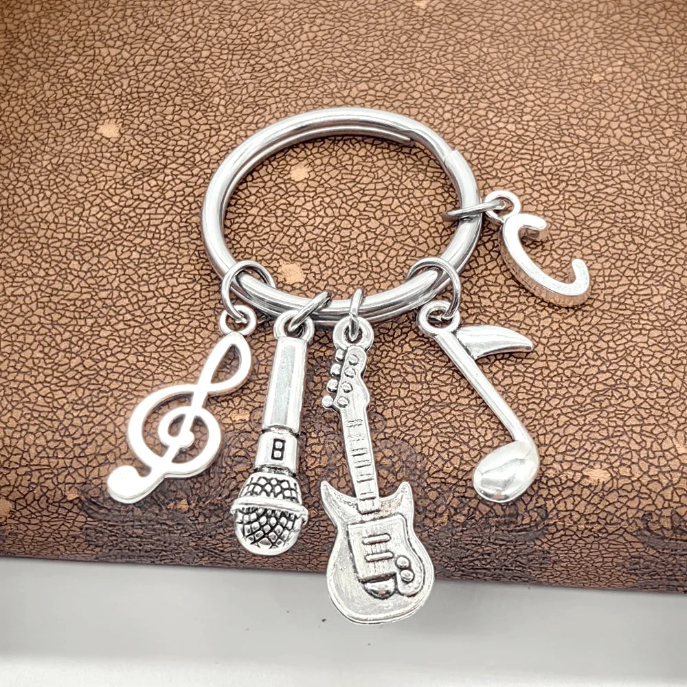 Initial Letter Music Keychain – Guitar & Microphone Rock Charm