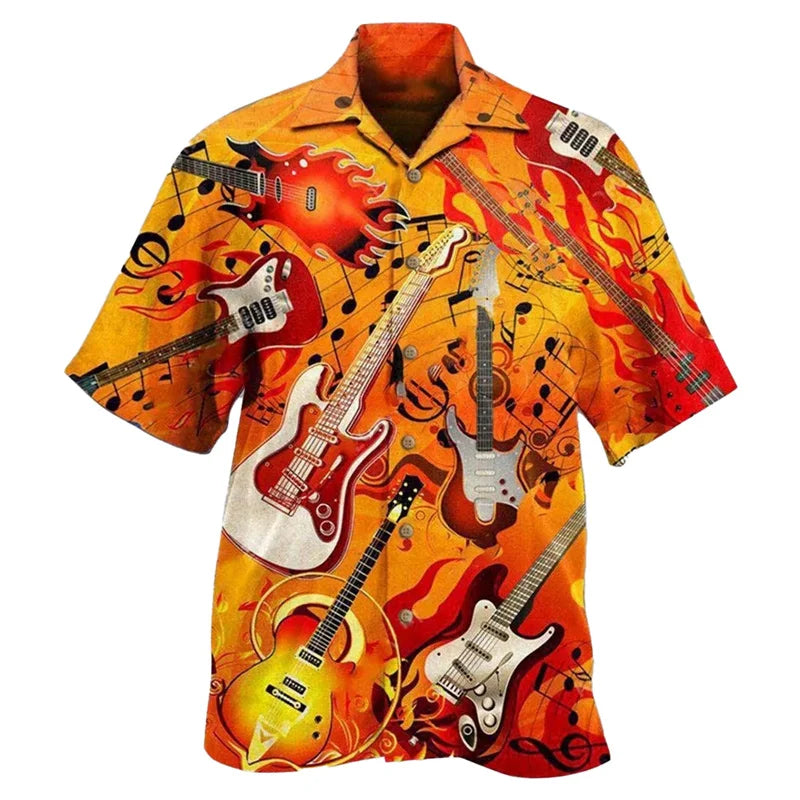 Guitar Music Graphic Hawaiian Shirt For Men Musical Instrument 3D Print Blouse Casual Short Sleeve Lapel Tops Loose Aloha Shirts
