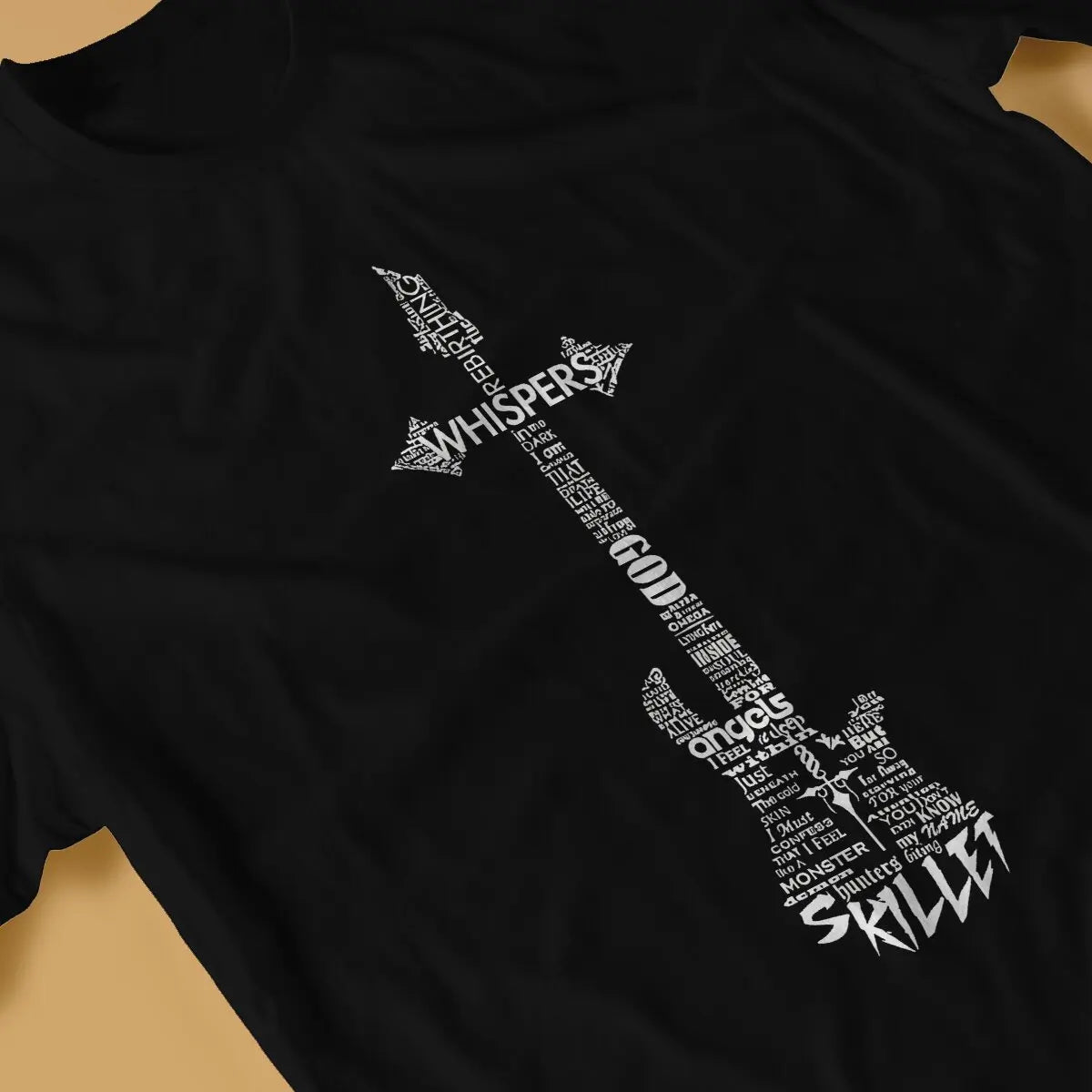 Guitar Typography On Black T-Shirt Men Skillet Band Awesome Pure Cotton Tee Shirt O Neck Short Sleeve T Shirts Summer Clothing