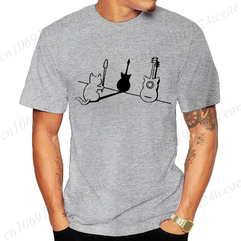 T Shirt for Women Men Cat and Guitar Funny Design Tops Soft Unisex O-neck T-shirts Clothes T-Shirts Women Tops Fashion T-Shirts
