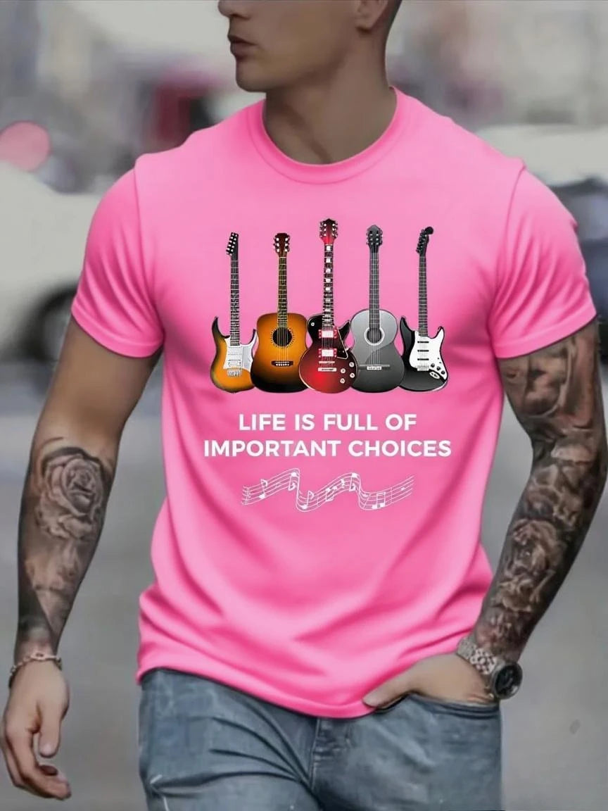 Men's Fashion Printed Guitar and Note Patterns and Letter Printed Round-neck Short-sleeved Casual T-shirt