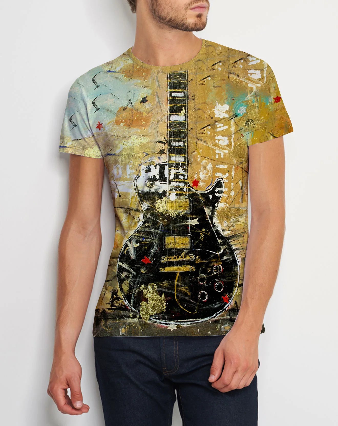 Guitar Pattern Printed T-shirt Slim Fit Short Sleeve Fashion O-Neck Top Gradient Series Youth Leisure Harajuku Slim Fit T-shirt