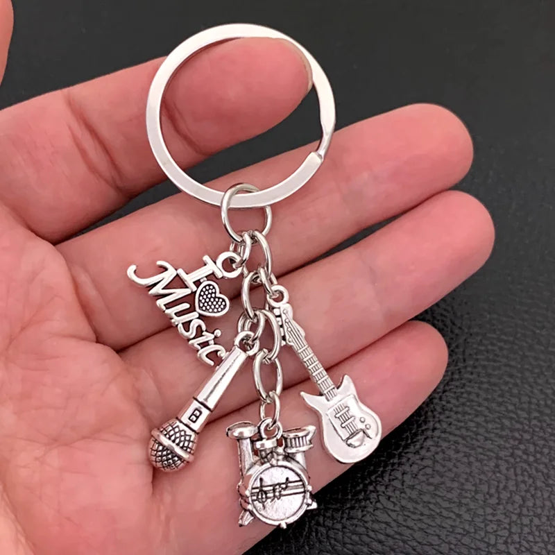 Classic Music Alloy Keychain – Guitar, Drum & Microphone Charm