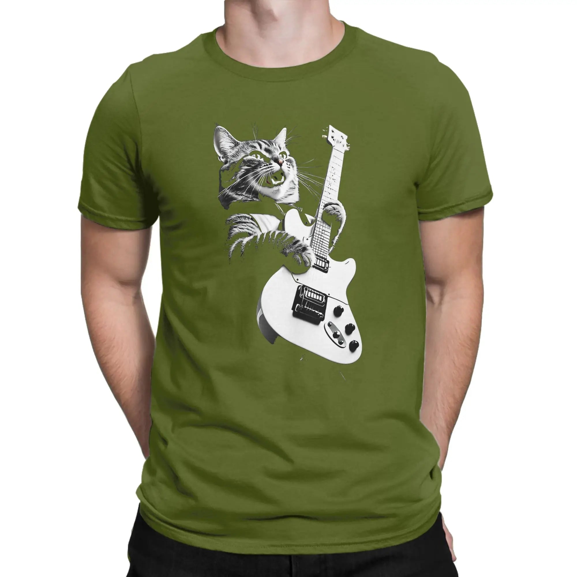 Men T-Shirts Cat Guitar  Leisure 100% Cotton Tee Shirt Short Sleeve  T Shirts Crew Neck Tops Printing