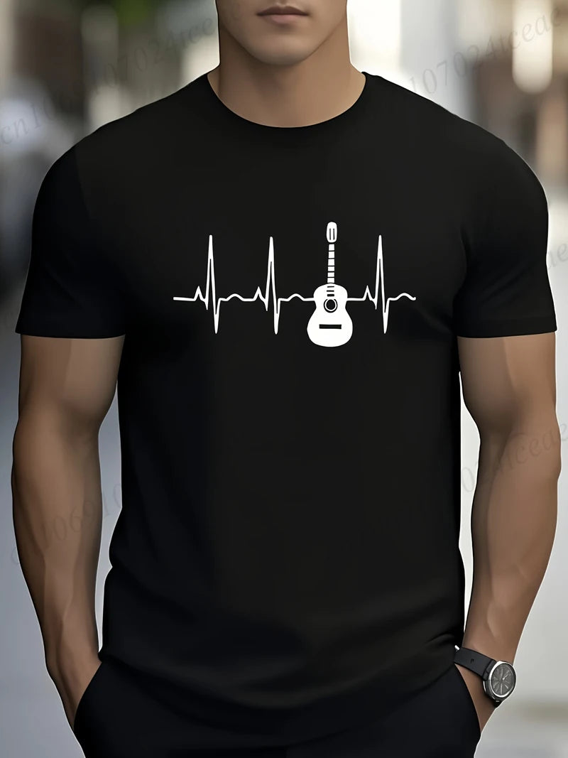 Guitar Heartbeat Men T Shirt Fashion Men's Clothing Summer Round Neck Breathable Casual Short Sleeve Fashion Tee T-Shirt Top