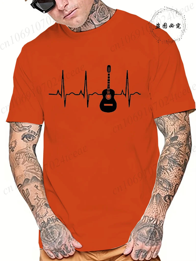 Guitar Heartbeat Men T Shirt Fashion Men's Clothing Summer Round Neck Breathable Casual Short Sleeve Fashion Tee T-Shirt Top