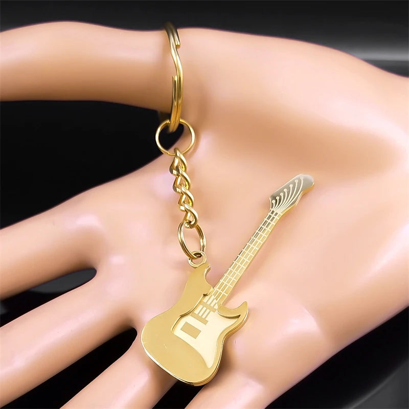 Gold Stainless Steel Y2K Guitar Keychain – Goth Rock Aesthetic Charm