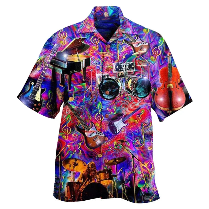 Guitar Music Graphic Hawaiian Shirt For Men Musical Instrument 3D Print Blouse Casual Short Sleeve Lapel Tops Loose Aloha Shirts