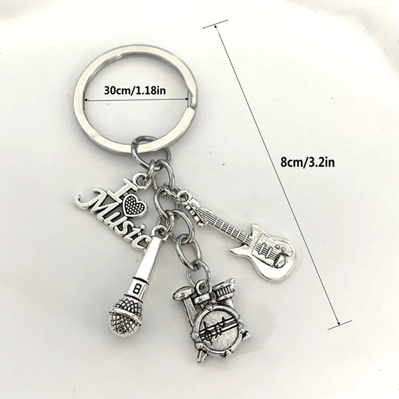 Classic Music Alloy Keychain – Guitar, Drum & Microphone Charm