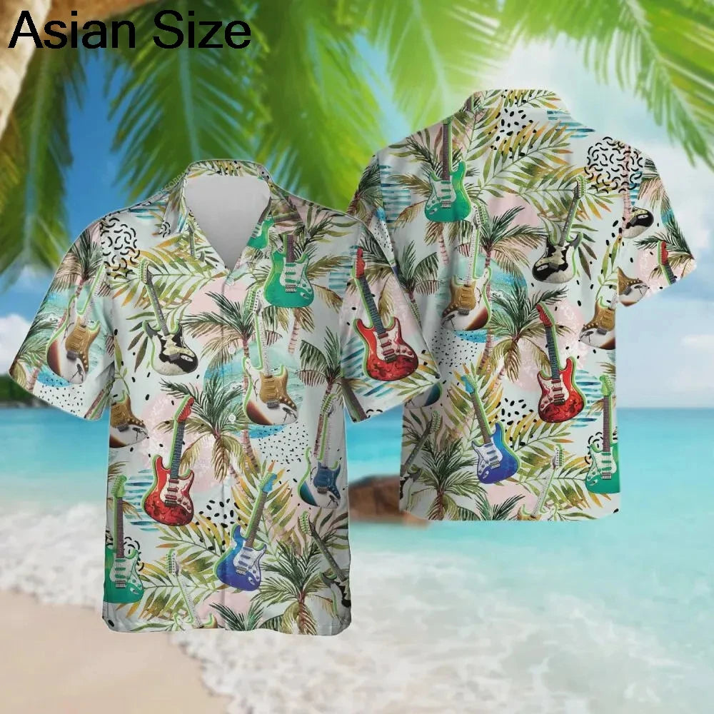 2025 Guitar Hawaiian Shirt Men Women Clothes Retro Electric Rock Animal Funny Musician Aloha Short Sleeve Hip Hop Button Blouses