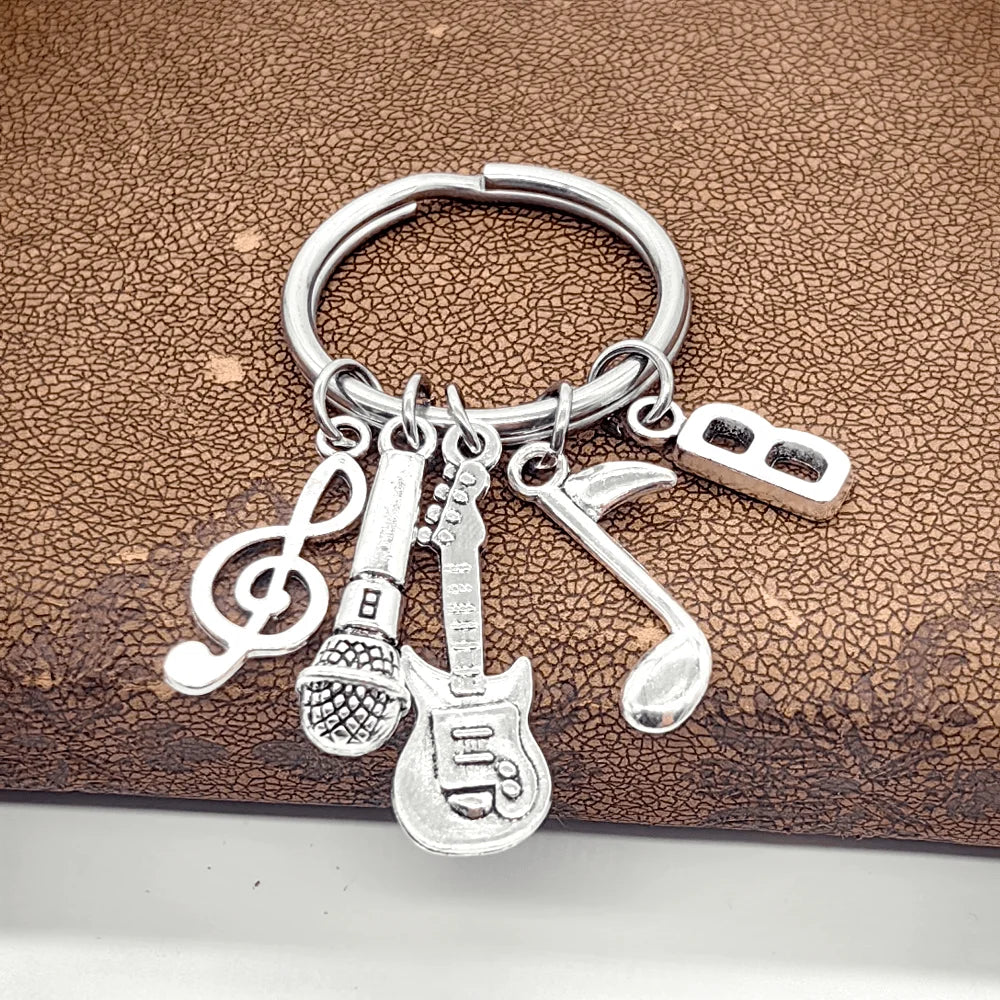 Initial Letter Music Keychain – Guitar & Microphone Rock Charm