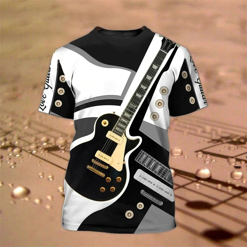 Vintage Guitar 3D Print Tshirt Mens Funny Designer Clothes Summer New Fashion T-shirt Kids Round Neck Short Sleeve Tees Tops