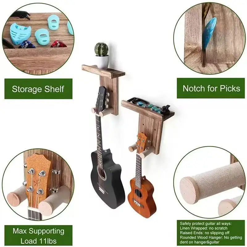 Wood Guitar Wall Hanger with Shelf & Pick Holder — Fits Acoustic, Electric & Bass