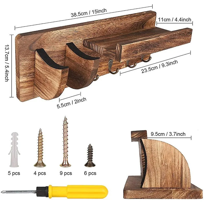 Rustic Guitar Wall Hanger with 3-Hook Shelf — Display Stand for Acoustic, Electric & Bass