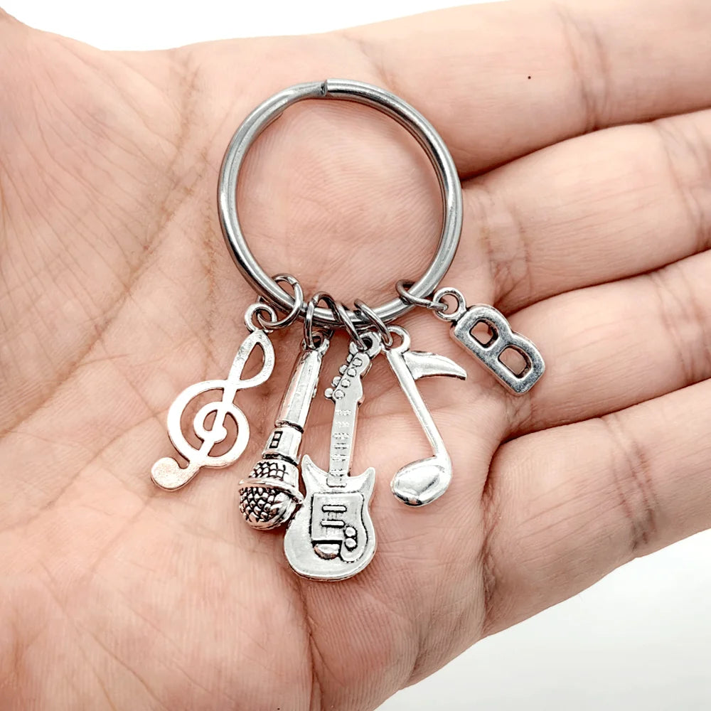Initial Letter Music Keychain – Guitar & Microphone Rock Charm