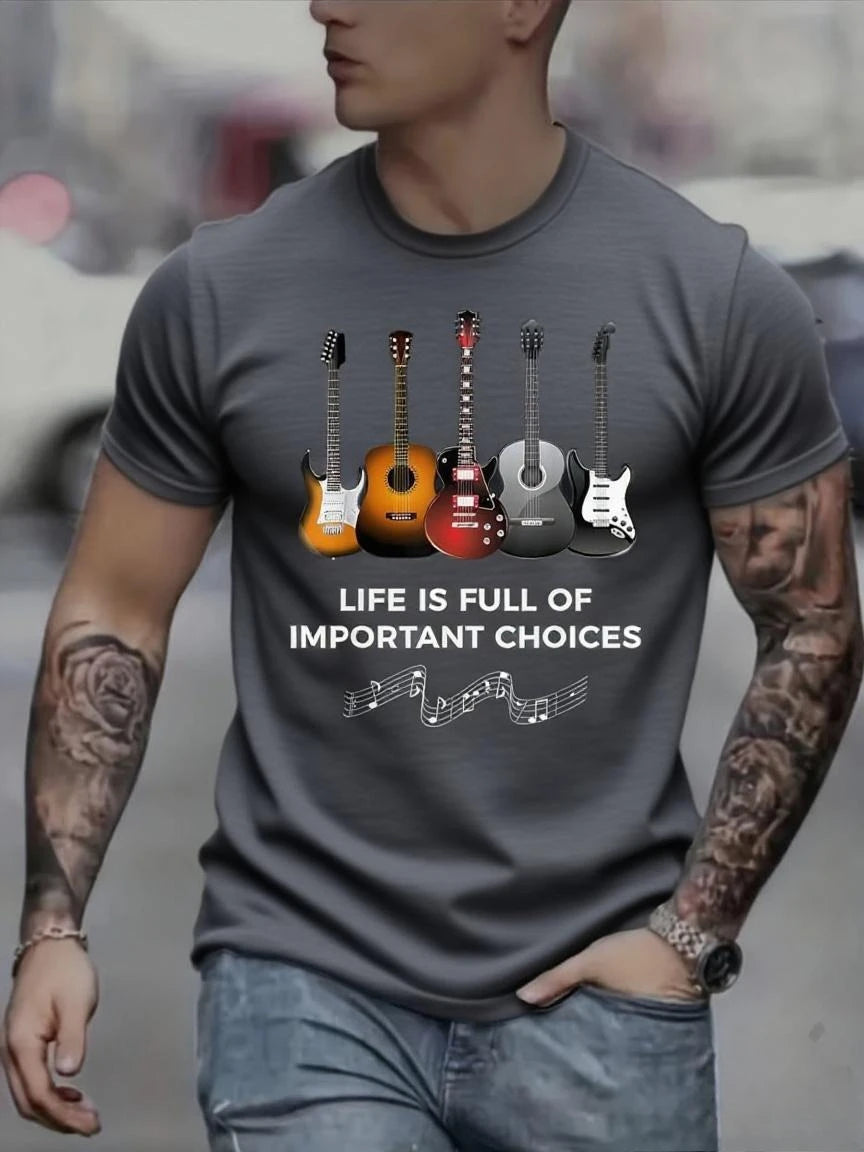 Men's Fashion Printed Guitar and Note Patterns and Letter Printed Round-neck Short-sleeved Casual T-shirt