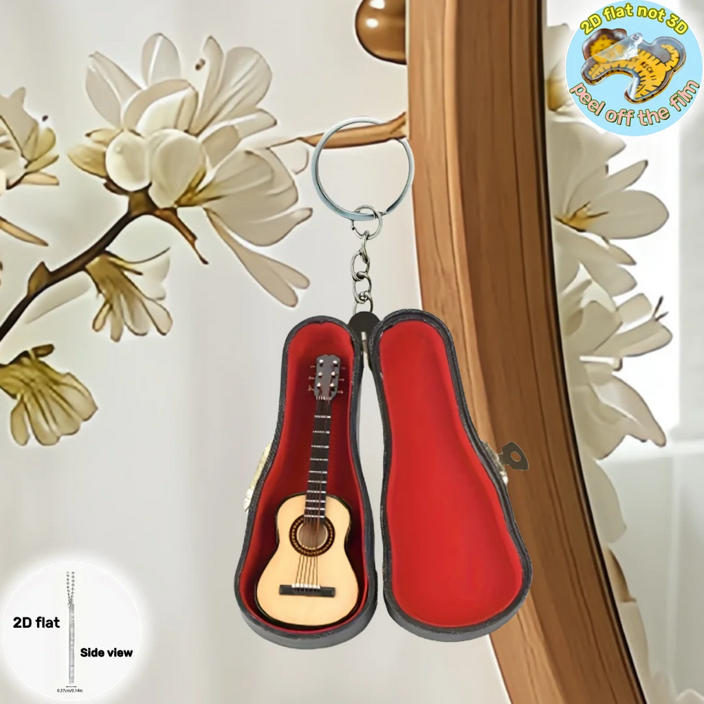 Acoustic Guitar Keychain with Case, 2D Acrylic Music Ornament for Car, Bag & Gifts