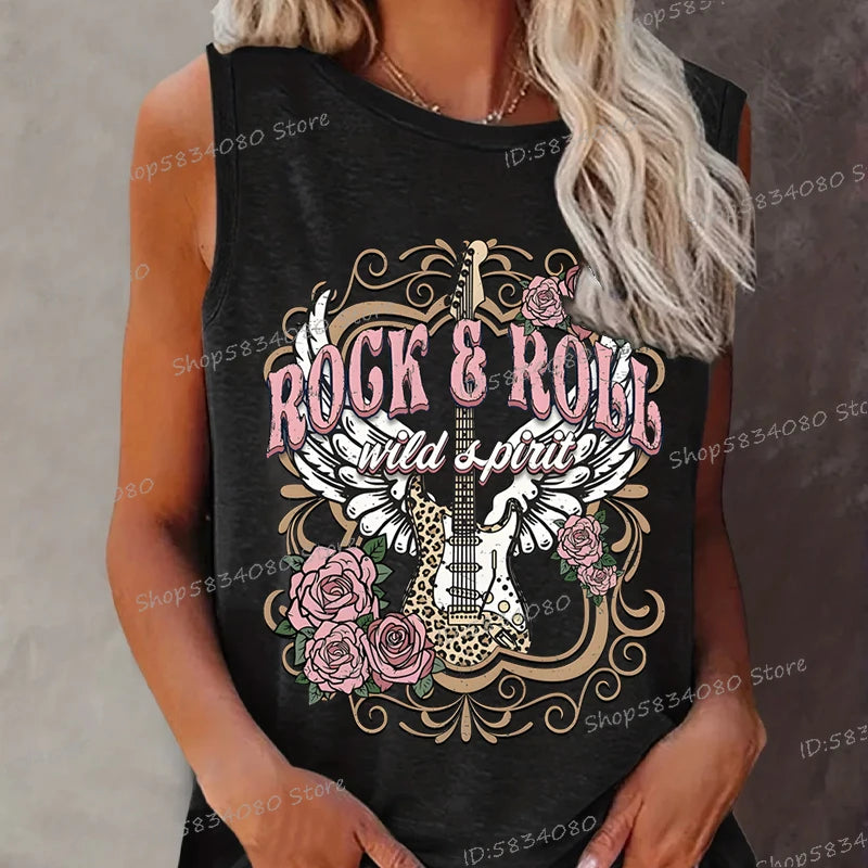 Rock Roll Wild T-shirts Vintage Style Rose Guitar Shirt New Summer Fashion O-Neck Tshirt Music Lover women Sleeveless Tanks Tops