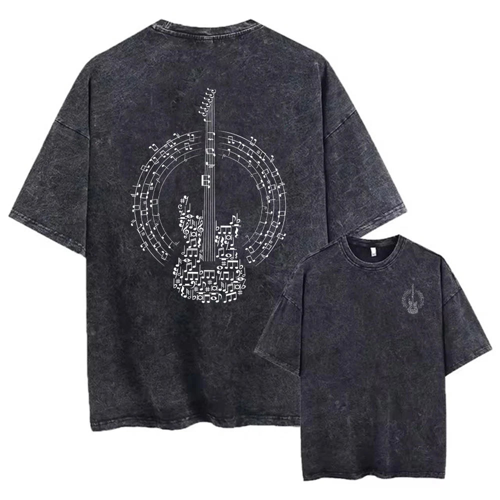 Men's Fun Guitar Print Washed T Shirt Comfortable And Breathable Summer Street Style Fitness Training Pure Cotton Short Sleeve