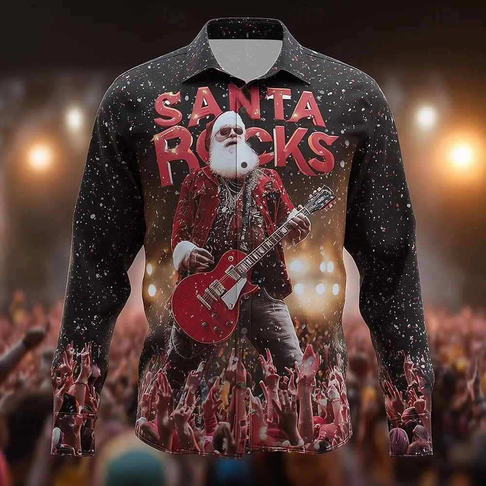Christmas Men's Santa Claus Rock Guitar Shirt Button Up Shirt Long Sleeve Funny Christmas Gifts Spring 3D Print Collared Shirts