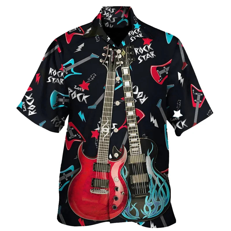 Guitar Music Graphic Hawaiian Shirt For Men Musical Instrument 3D Print Blouse Casual Short Sleeve Lapel Tops Loose Aloha Shirts