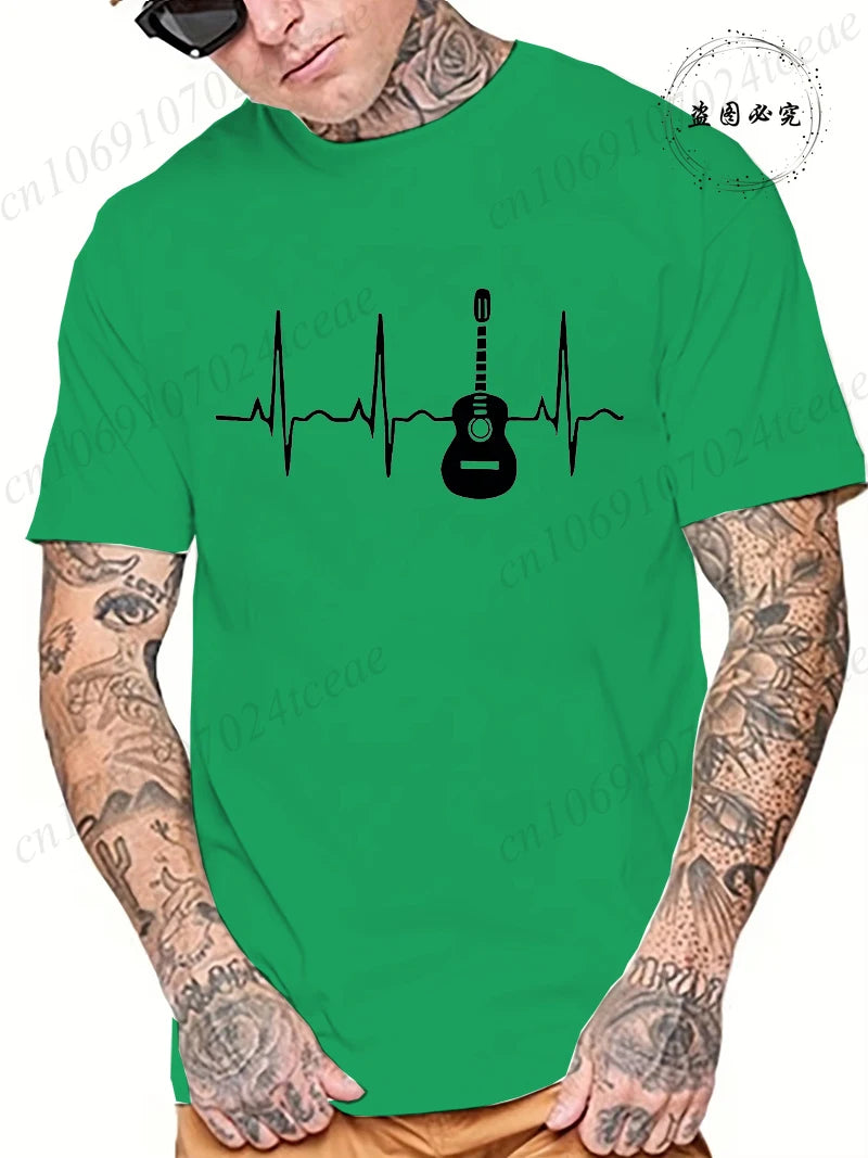 Guitar Heartbeat Men T Shirt Fashion Men's Clothing Summer Round Neck Breathable Casual Short Sleeve Fashion Tee T-Shirt Top